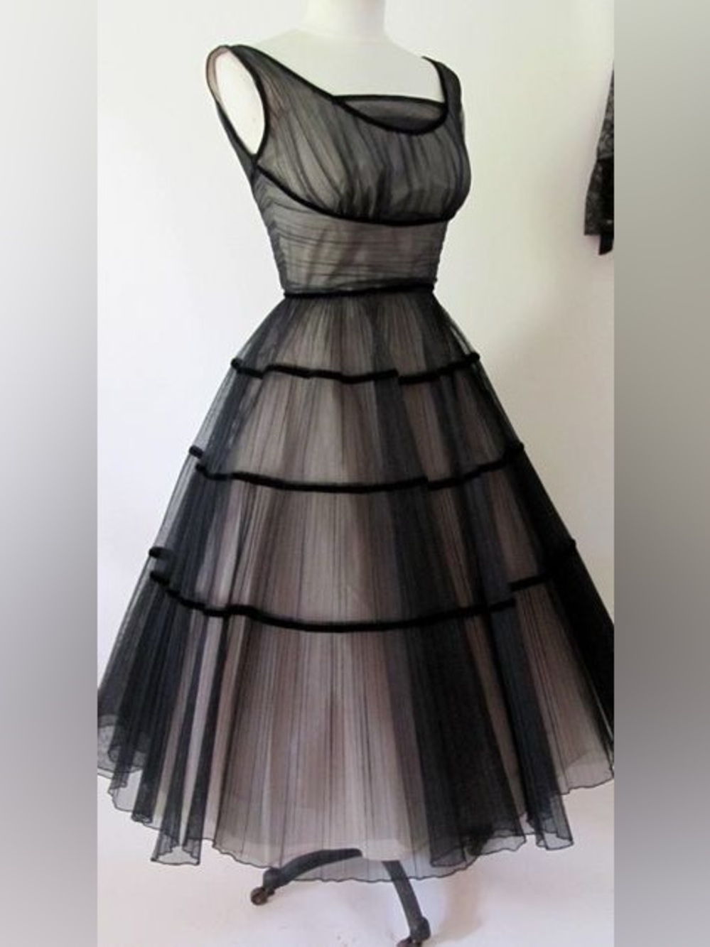 Source Unknown 1950s Vintage Black Tiered Midi Dress with Tie Straps (S)